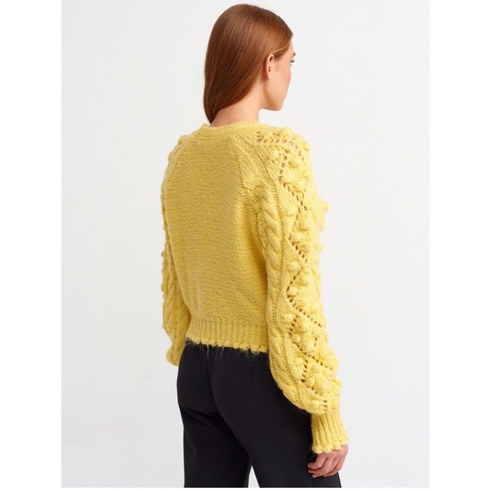 Dilvin Knit Bobble Yellow Cable Knit Jewel Buttons Scalloped Hem Cardigan M - Picture 3 of 15